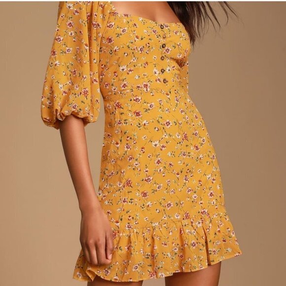 Lulus Trixiebelle Mustard Yellow Floral Print Ballon Sleeve Ruffle Dress Size S - Picture 5 of 16